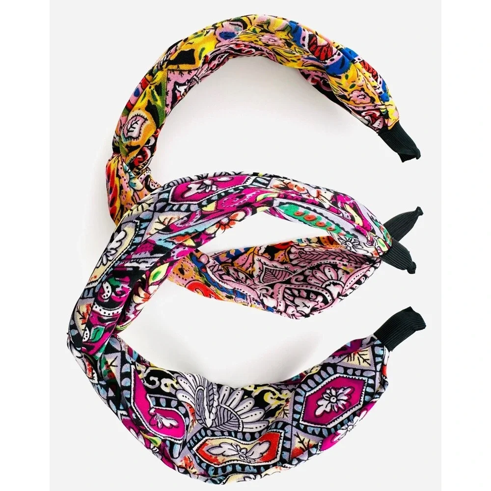 Pair of 2 Colorful Bohemian Bandana Top Knot Headbands Cotton Blend 2.5